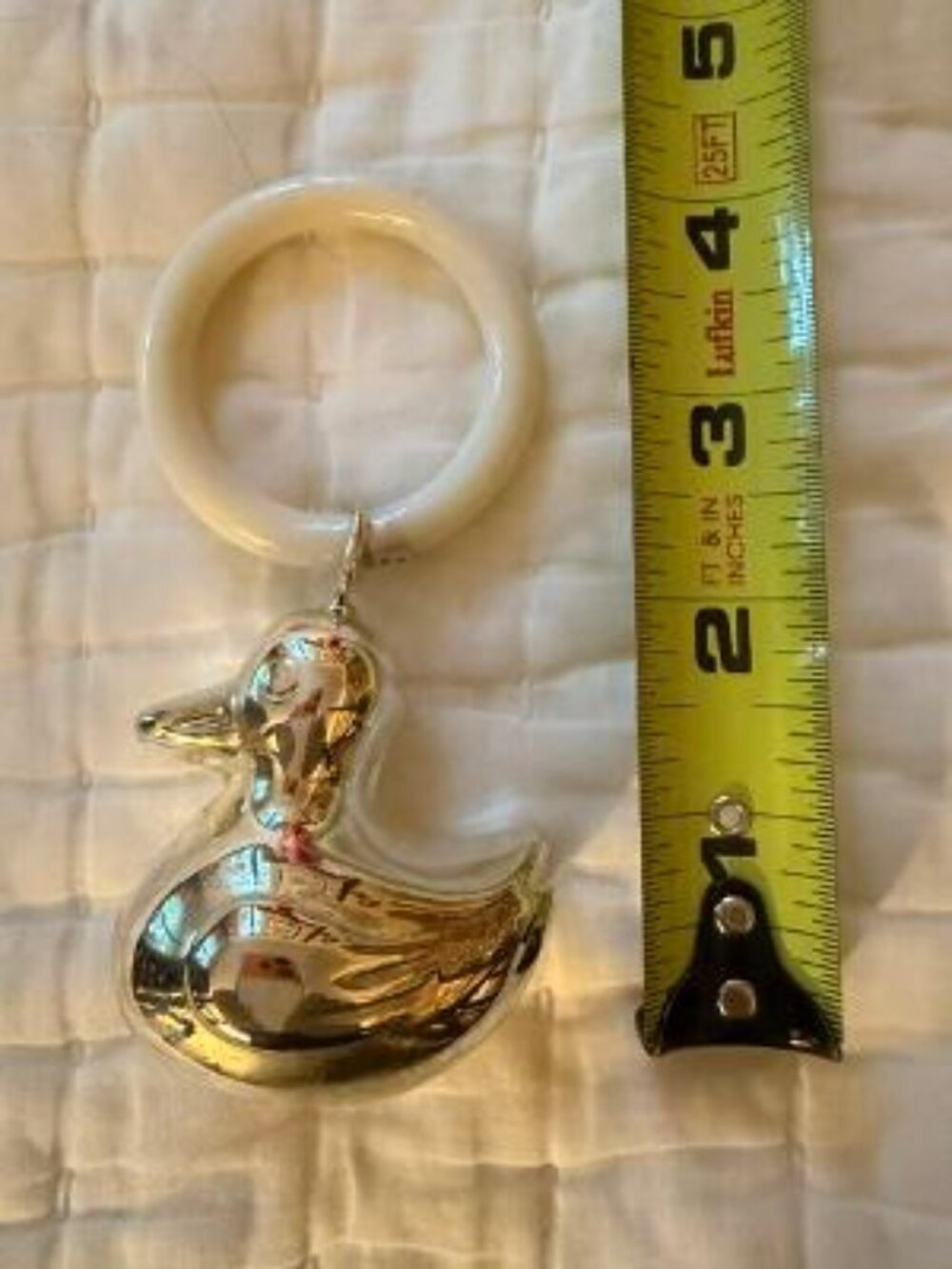 Silver Plated Duck Rattle on Pacifier Ring/A Brand New Inventory Boxed Baby Toy